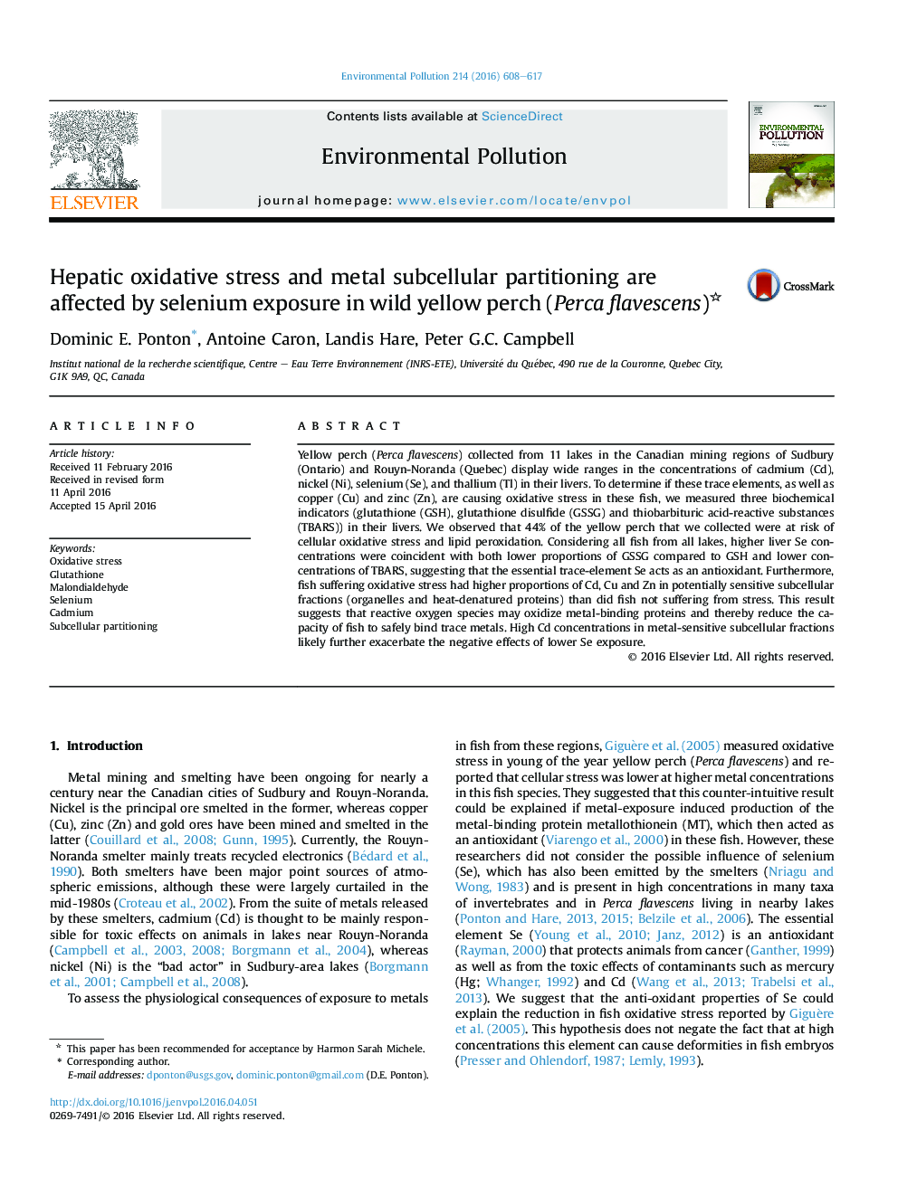 Hepatic oxidative stress and metal subcellular partitioning are affected by selenium exposure in wild yellow perch (Perca flavescens)