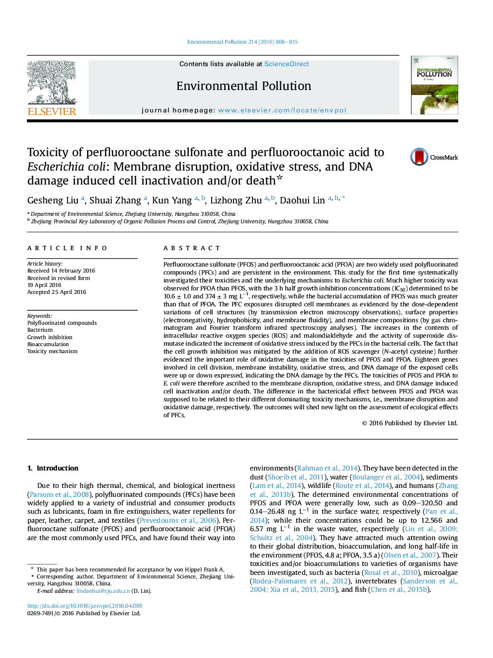 Toxicity of perfluorooctane sulfonate and perfluorooctanoic acid to Escherichia coli: Membrane disruption, oxidative stress, and DNA damage induced cell inactivation and/or death