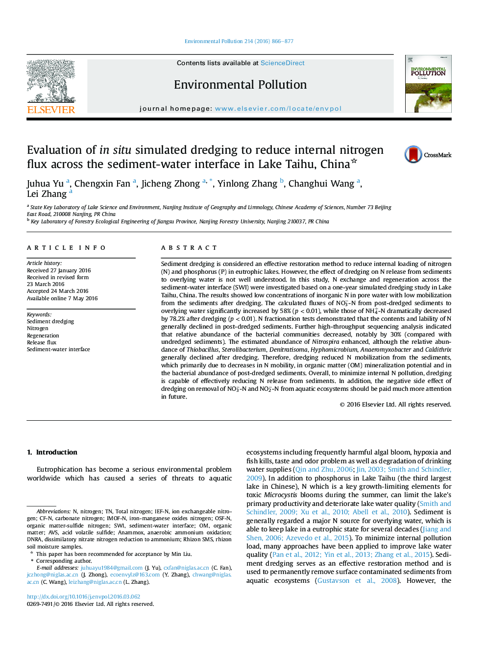 Evaluation of in situ simulated dredging to reduce internal nitrogen flux across the sediment-water interface in Lake Taihu, China