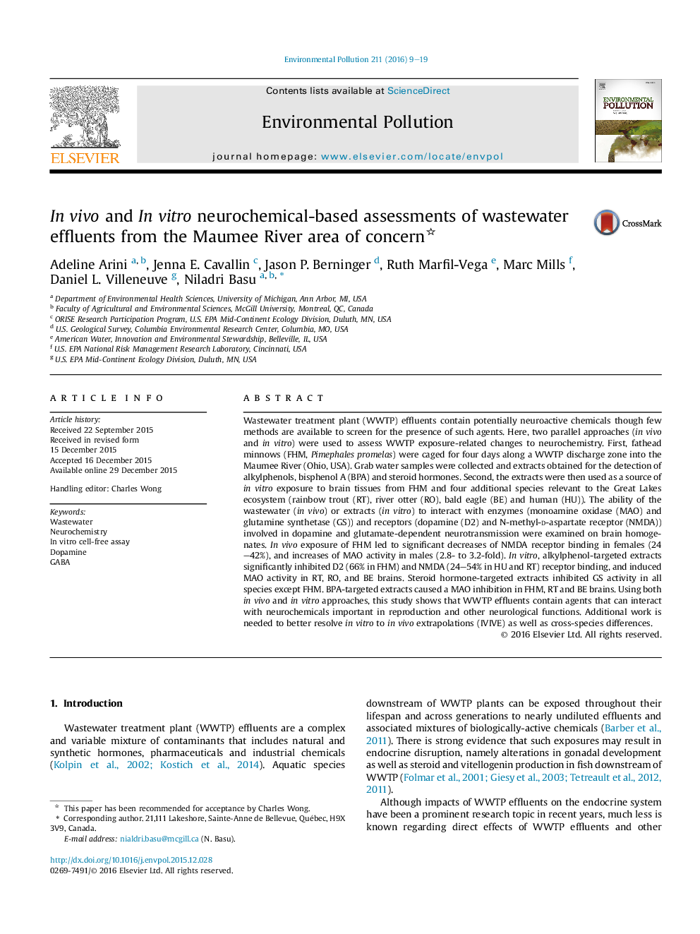 InÂ vivo and InÂ vitro neurochemical-based assessments of wastewater effluents from the Maumee River area of concern