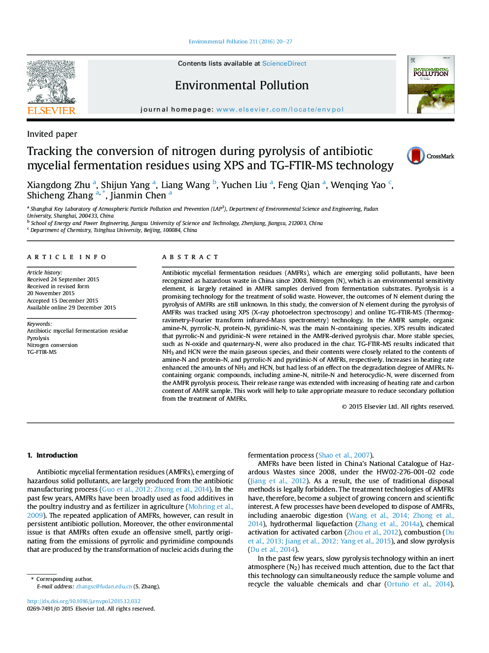 Invited paperTracking the conversion of nitrogen during pyrolysis of antibiotic mycelial fermentation residues using XPS and TG-FTIR-MS technology