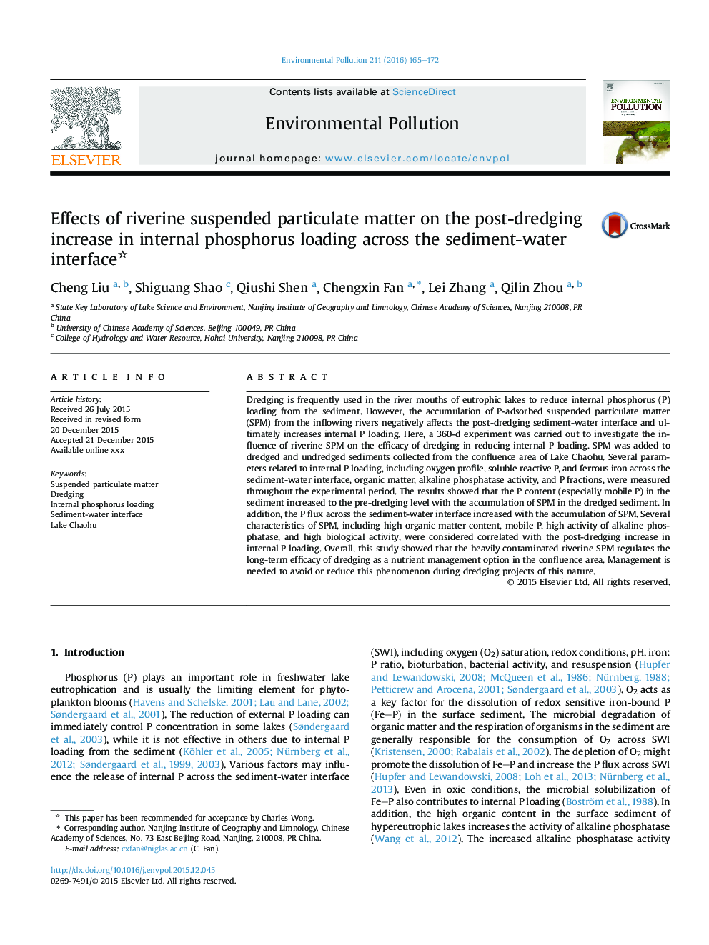 Effects of riverine suspended particulate matter on the post-dredging increase in internal phosphorus loading across the sediment-water interface