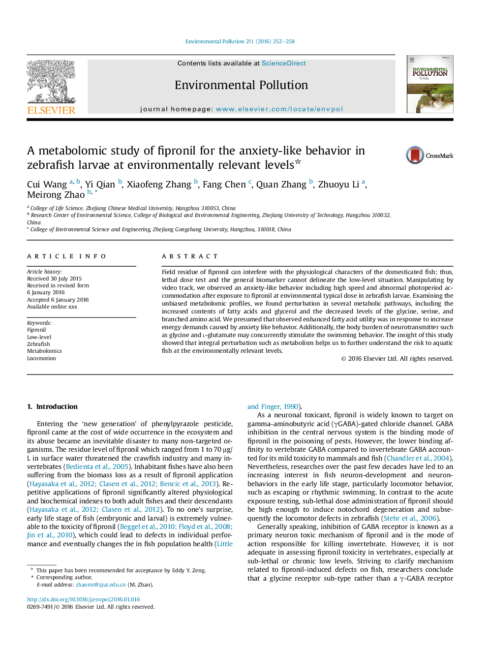 A metabolomic study of fipronil for the anxiety-like behavior in zebrafish larvae at environmentally relevant levels