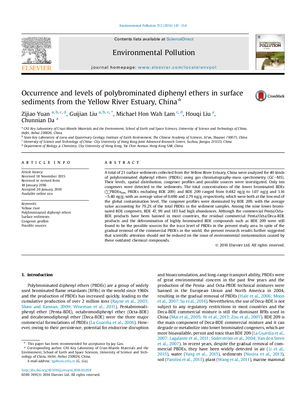 Occurrence and levels of polybrominated diphenyl ethers in surface sediments from the Yellow River Estuary, China