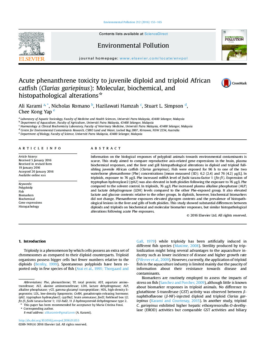 Acute phenanthrene toxicity to juvenile diploid and triploid African catfish (Clarias gariepinus): Molecular, biochemical, and histopathological alterations