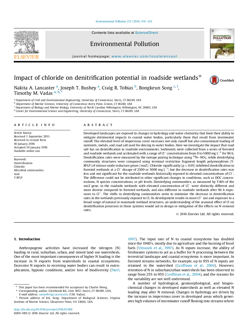 Impact of chloride on denitrification potential in roadside wetlands