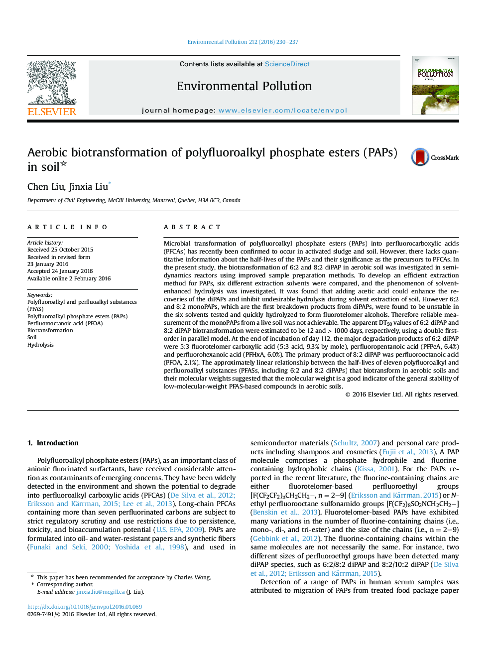 Aerobic biotransformation of polyfluoroalkyl phosphate esters (PAPs) in soil