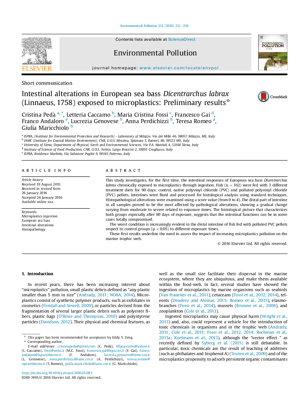 Intestinal alterations in European sea bass Dicentrarchus labrax (Linnaeus, 1758) exposed to microplastics: Preliminary results