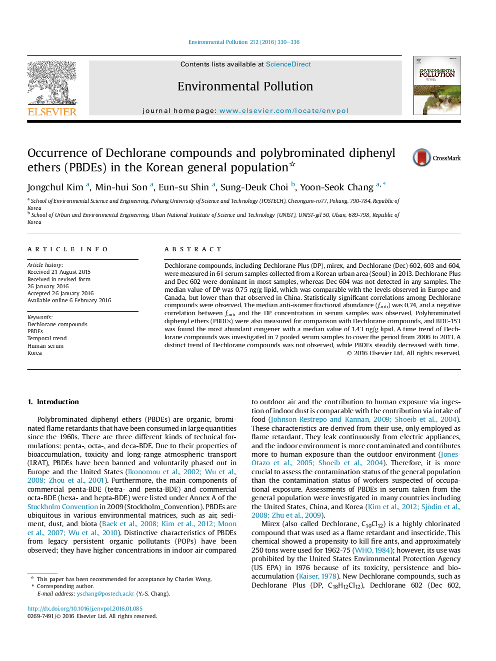 Occurrence of Dechlorane compounds and polybrominated diphenyl ethers (PBDEs) in the Korean general population