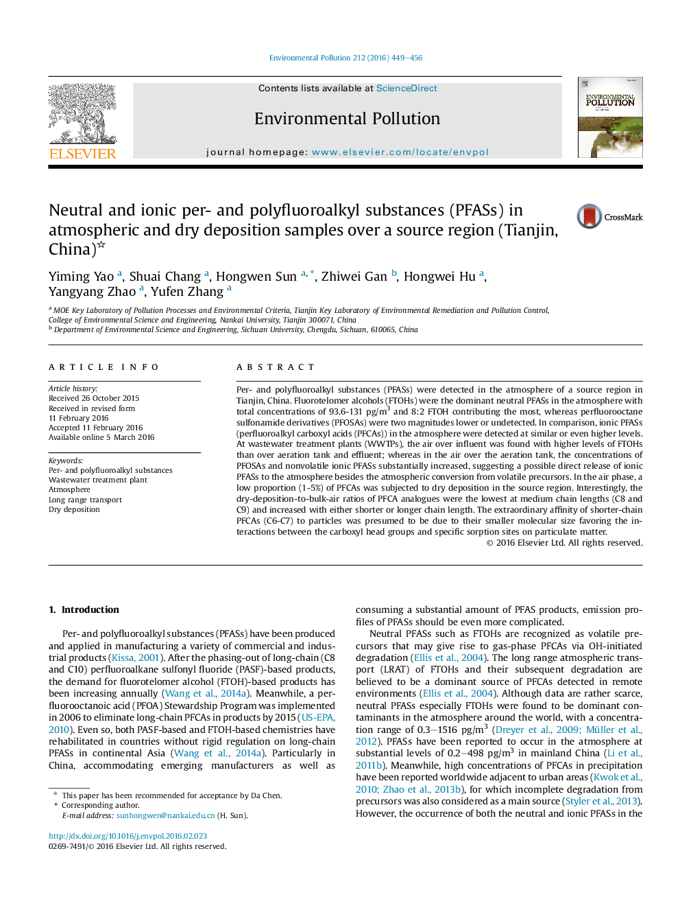 Neutral and ionic per- and polyfluoroalkyl substances (PFASs) in atmospheric and dry deposition samples over a source region (Tianjin, China)