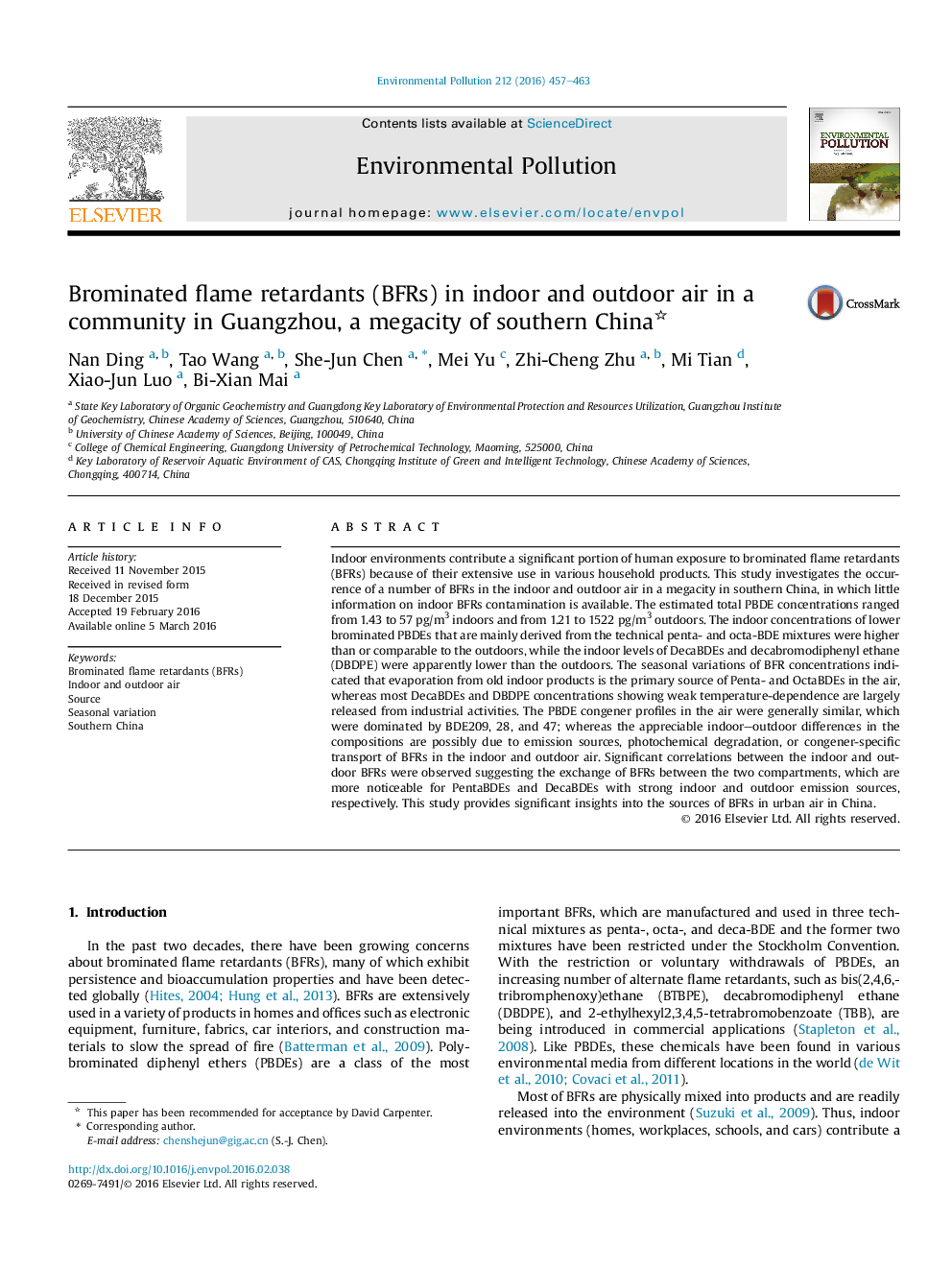 Brominated flame retardants (BFRs) in indoor and outdoor air in a community in Guangzhou, a megacity of southern China