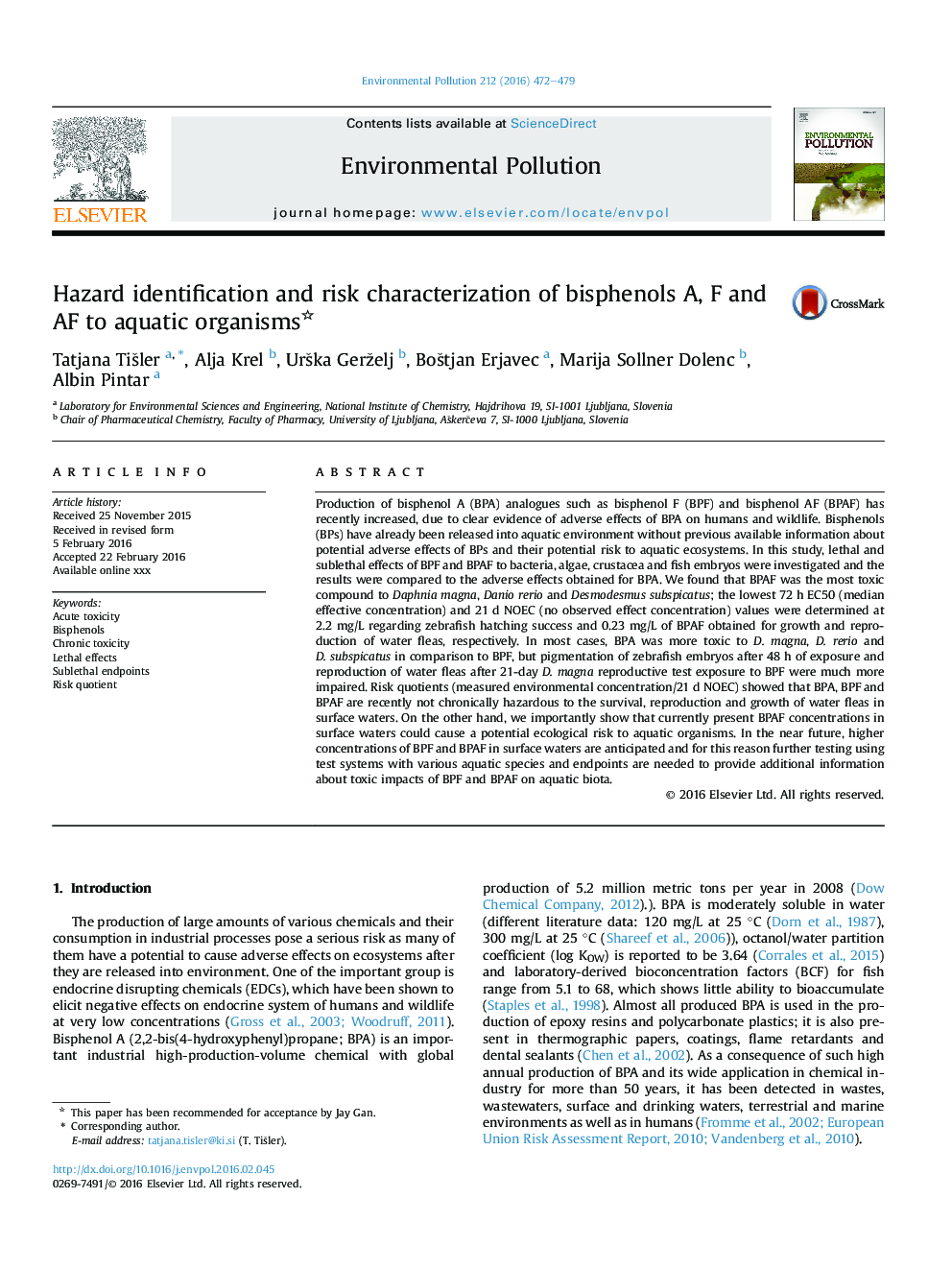 Hazard identification and risk characterization of bisphenols A, F and AF to aquatic organisms