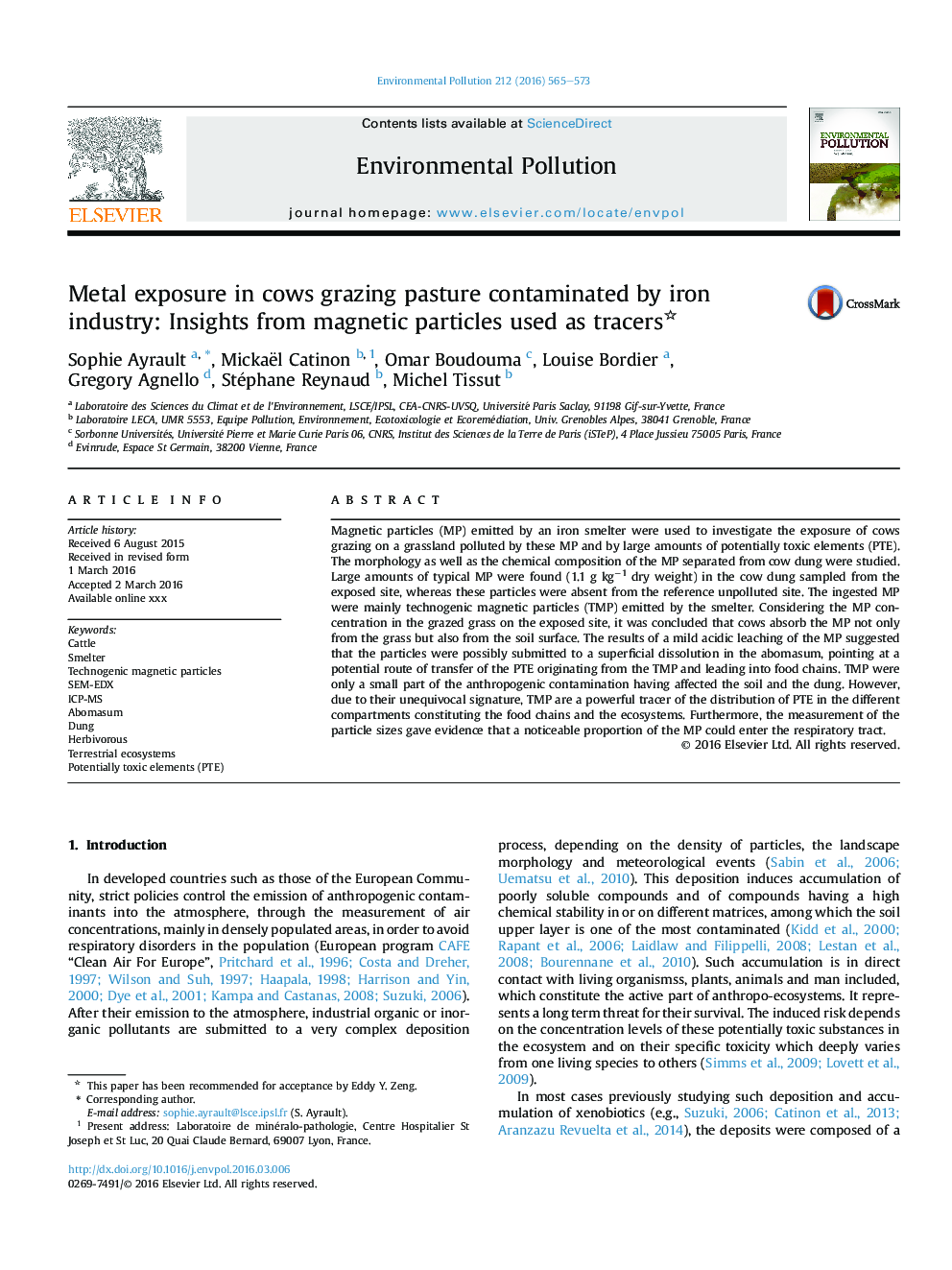 Metal exposure in cows grazing pasture contaminated by iron industry: Insights from magnetic particles used as tracers
