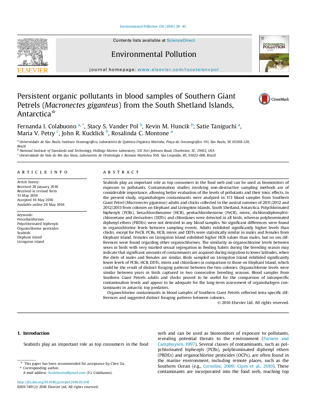 Persistent organic pollutants in blood samples of Southern Giant Petrels (Macronectes giganteus) from the South Shetland Islands, Antarctica