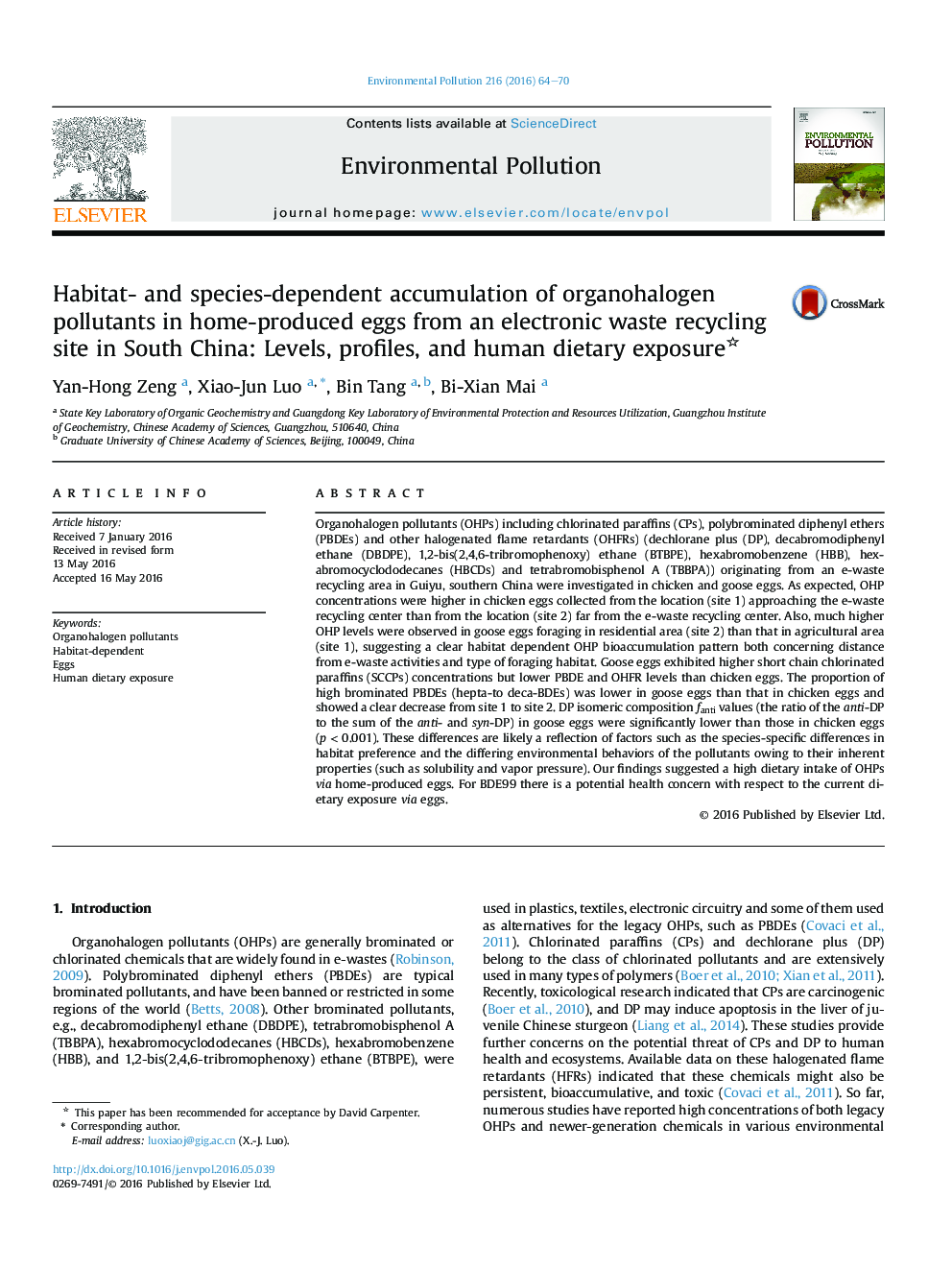 Habitat- and species-dependent accumulation of organohalogen pollutants in home-produced eggs from an electronic waste recycling site in South China: Levels, profiles, and human dietary exposure