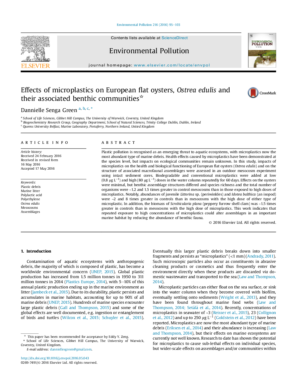 Effects of microplastics on European flat oysters, Ostrea edulis and their associated benthic communities