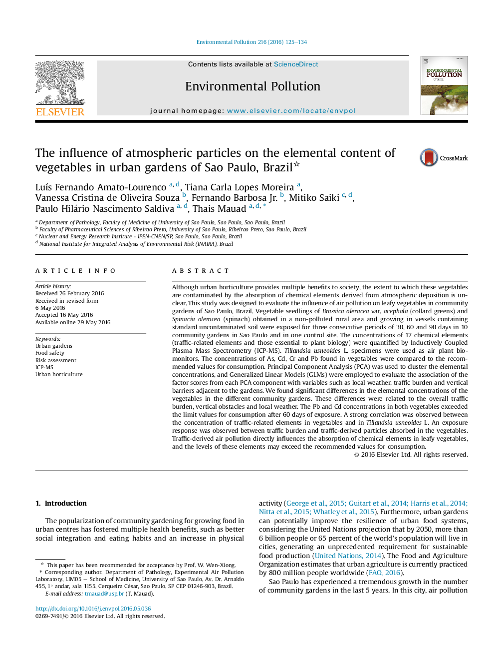 The influence of atmospheric particles on the elemental content of vegetables in urban gardens of Sao Paulo, Brazil