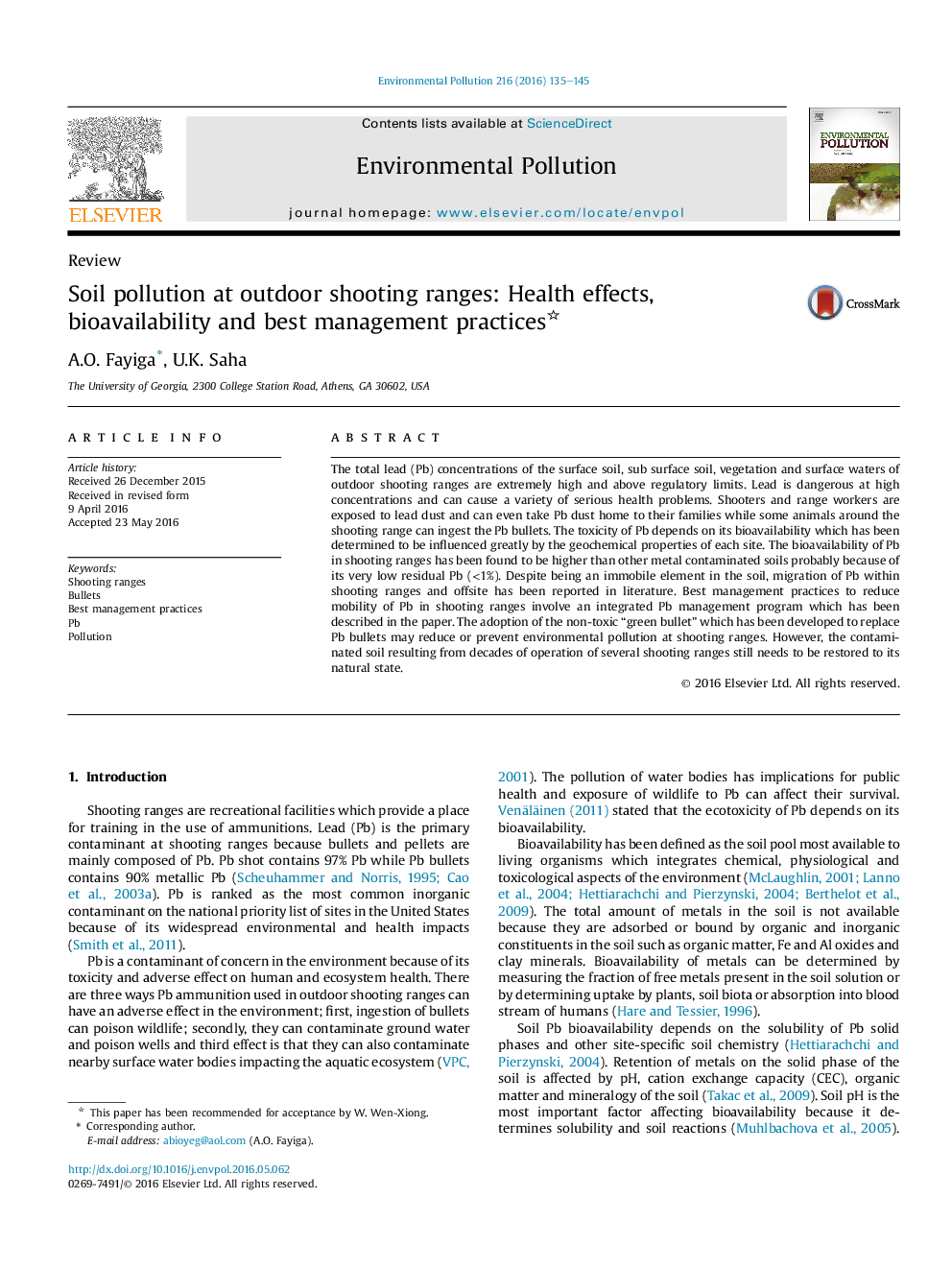 Soil pollution at outdoor shooting ranges: Health effects, bioavailability and best management practices