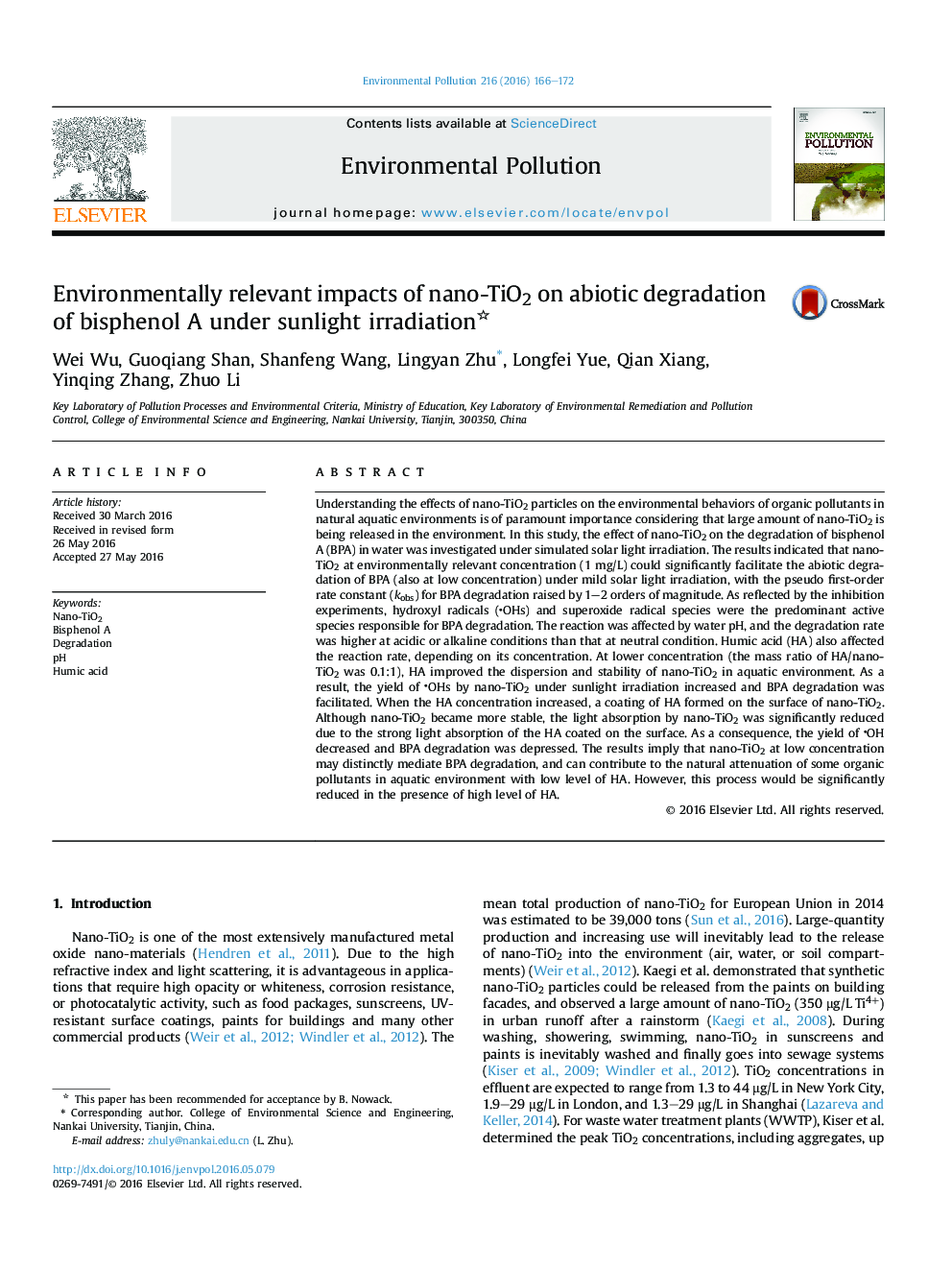 Environmentally relevant impacts of nano-TiO2 on abiotic degradation of bisphenol A under sunlight irradiation