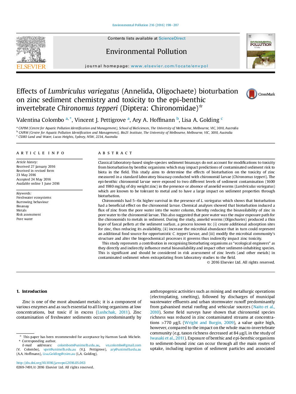 Effects of Lumbriculus variegatus (Annelida, Oligochaete) bioturbation on zinc sediment chemistry and toxicity to the epi-benthic invertebrate Chironomus tepperi (Diptera: Chironomidae) 