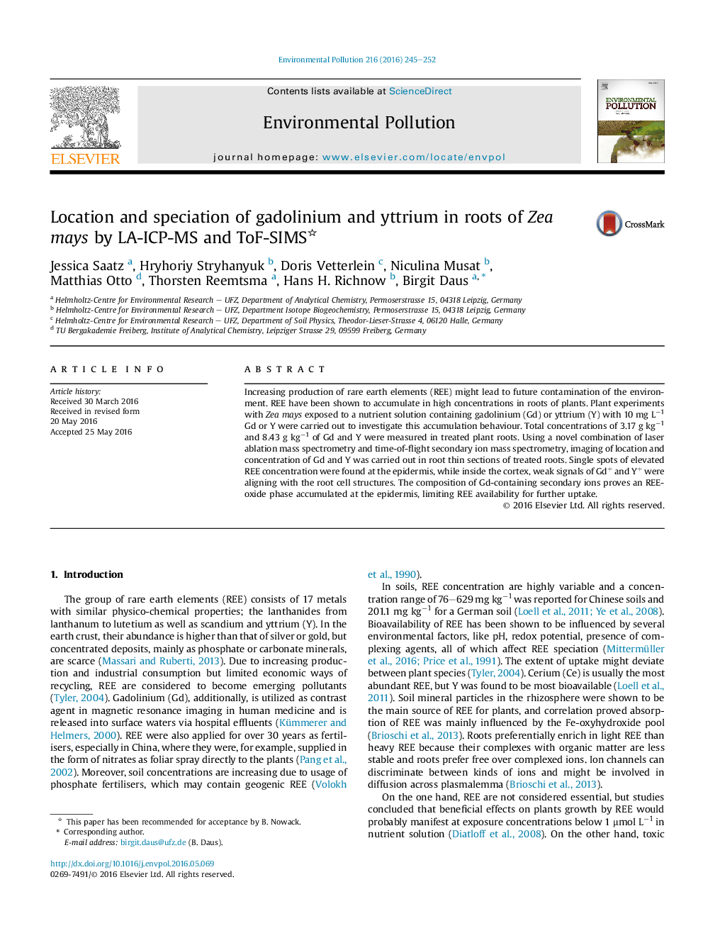 عکس صفحه اول مقاله: Location and speciation of gadolinium and yttrium in roots of Zea mays by LA-ICP-MS and ToF-SIMS Location and speciation of gadolinium and yttrium in roots of Zea mays by LA-ICP-MS and ToF-SIMS