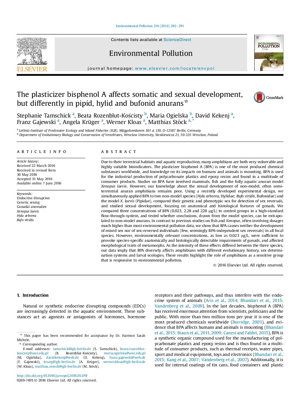 The plasticizer bisphenol A affects somatic and sexual development, but differently in pipid, hylid and bufonid anurans