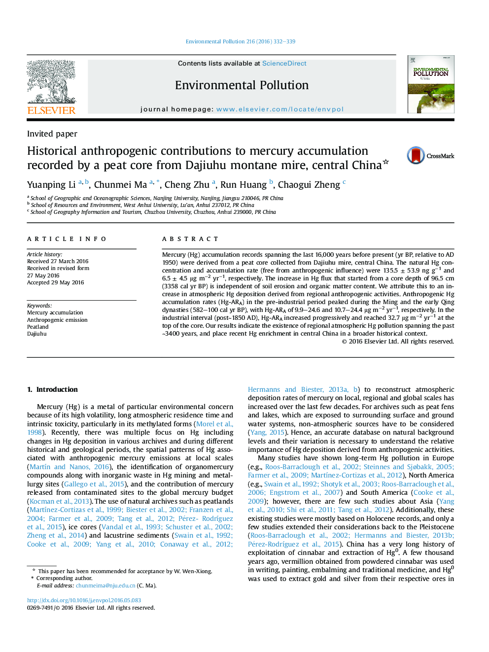 Historical anthropogenic contributions to mercury accumulation recorded by a peat core from Dajiuhu montane mire, central China