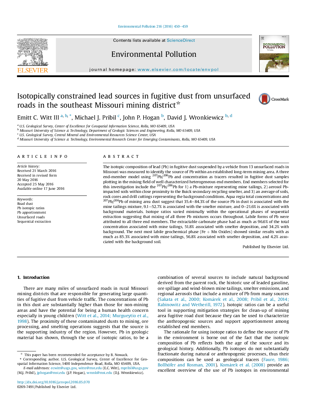 Isotopically constrained lead sources in fugitive dust from unsurfaced roads in the southeast Missouri mining district