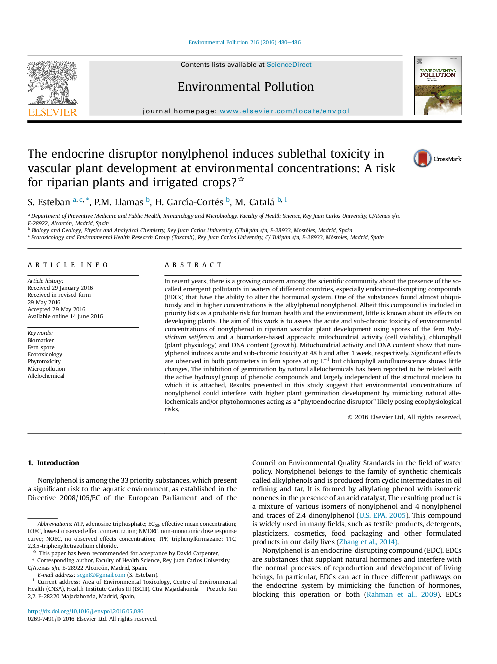 The endocrine disruptor nonylphenol induces sublethal toxicity in vascular plant development at environmental concentrations: A risk for riparian plants and irrigated crops?