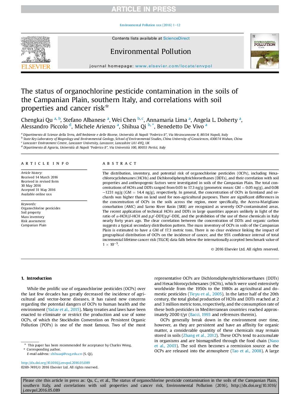 The status of organochlorine pesticide contamination in the soils of the Campanian Plain, southern Italy, and correlations with soil properties and cancer risk