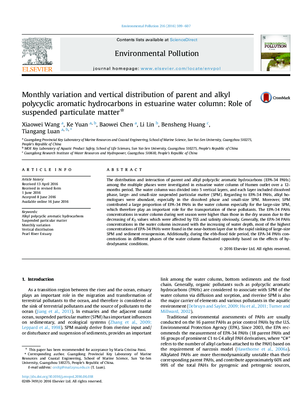 Monthly variation and vertical distribution of parent and alkyl polycyclic aromatic hydrocarbons in estuarine water column: Role of suspended particulate matter