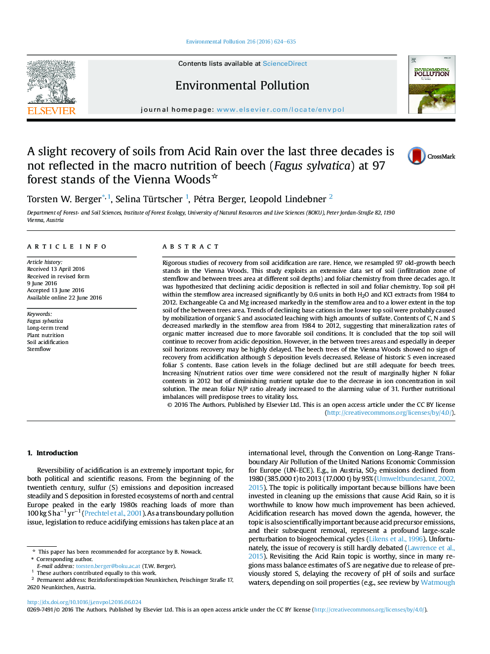 A slight recovery of soils from Acid Rain over the last three decades is not reflected in the macro nutrition of beech (Fagus sylvatica) at 97 forest stands of the Vienna Woods