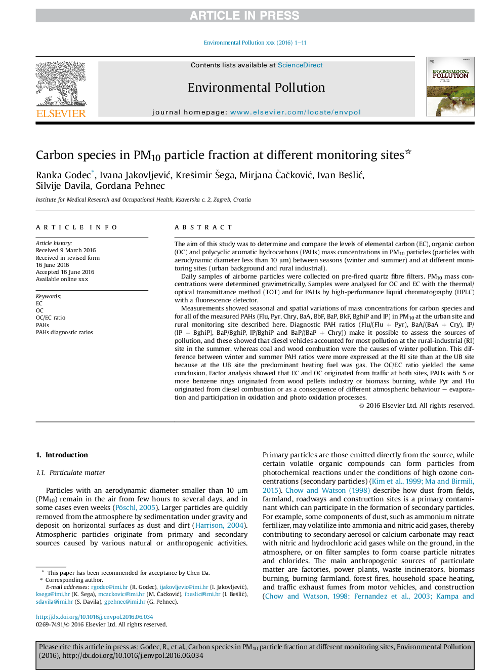 عکس صفحه اول مقاله: Carbon species in PM10 particle fraction at different monitoring sites Carbon species in PM10 particle fraction at different monitoring sites