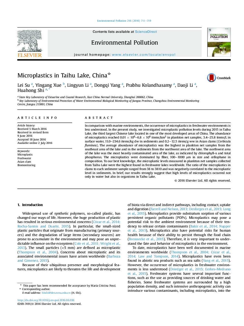 Microplastics in Taihu Lake, China