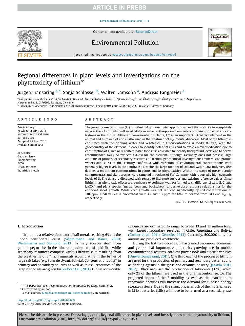 Regional differences in plant levels and investigations on the phytotoxicity of lithium