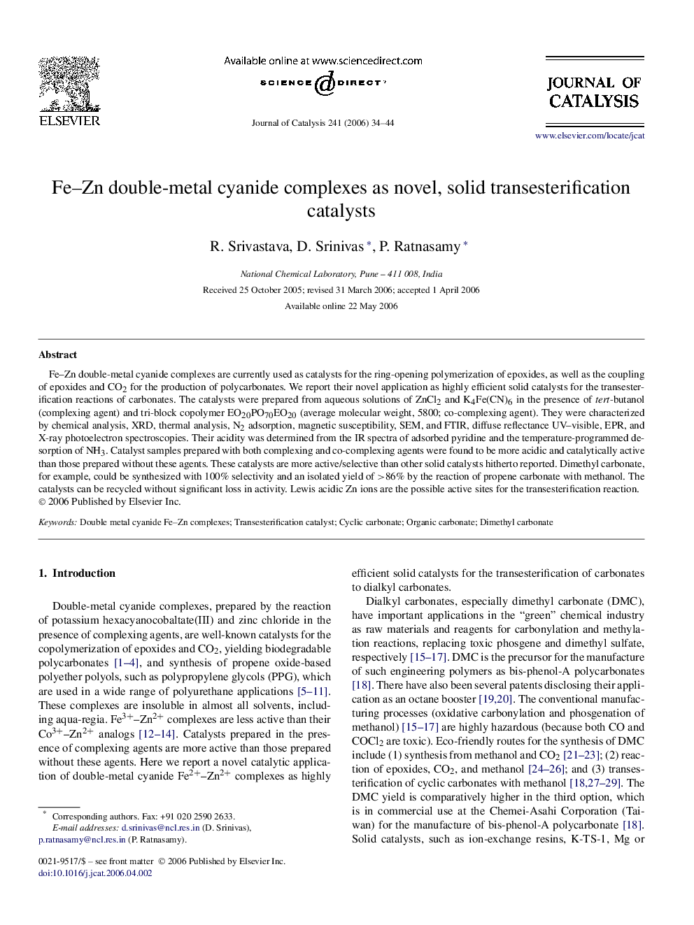 Fe–Zn double-metal cyanide complexes as novel, solid transesterification catalysts