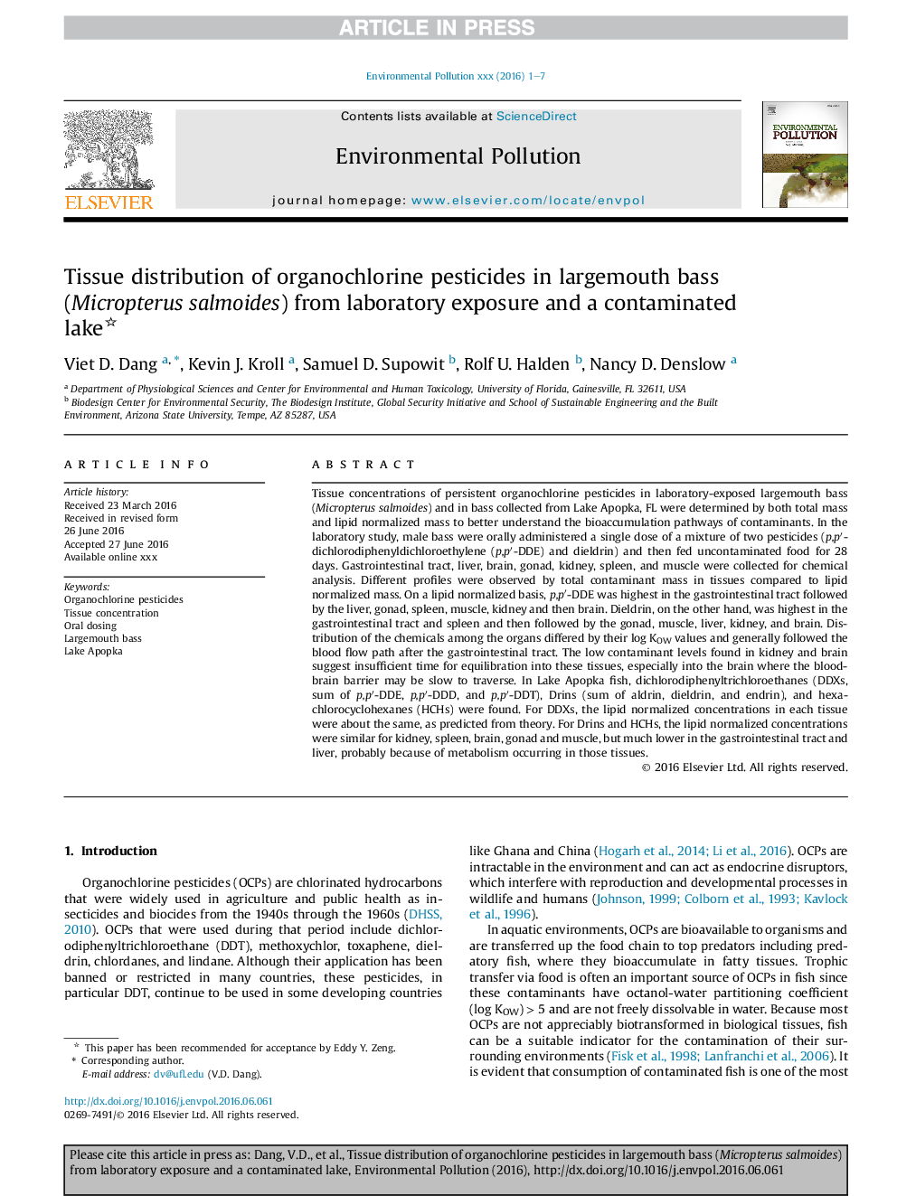 Tissue distribution of organochlorine pesticides in largemouth bass (Micropterus salmoides) from laboratory exposure and a contaminated lake