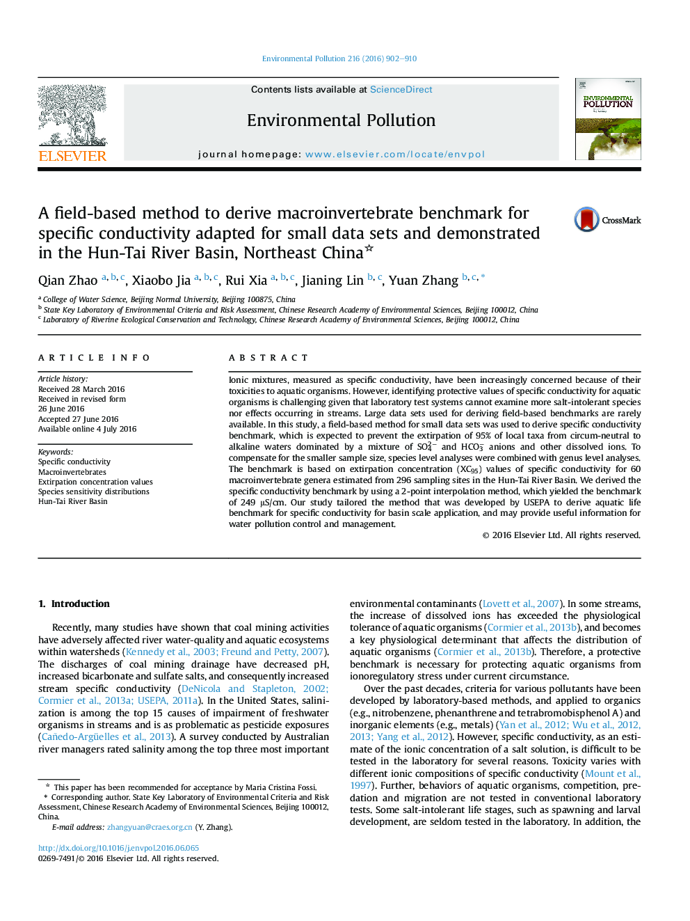 A field-based method to derive macroinvertebrate benchmark for specific conductivity adapted for small data sets and demonstrated in the Hun-Tai River Basin, Northeast China