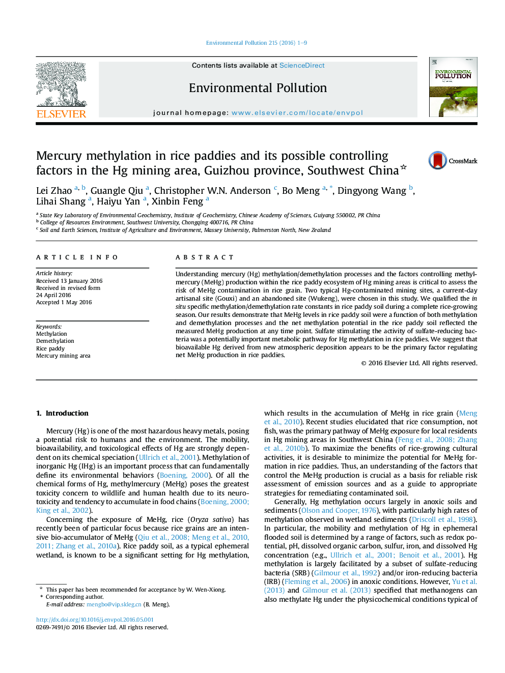 Mercury methylation in rice paddies and its possible controlling factors in the Hg mining area, Guizhou province, Southwest China