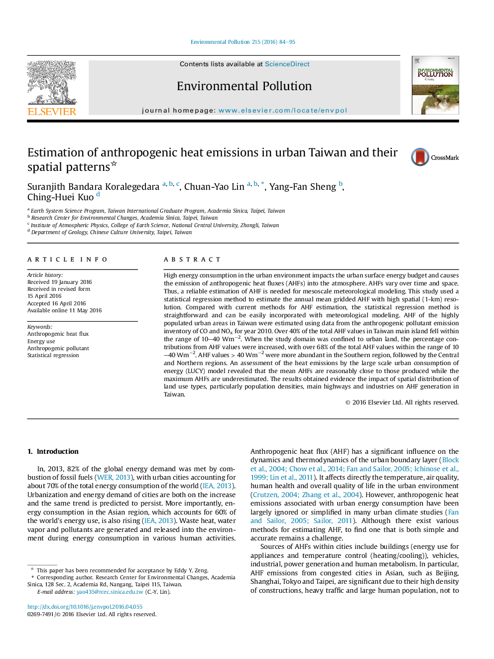 Estimation of anthropogenic heat emissions in urban Taiwan and their spatial patterns