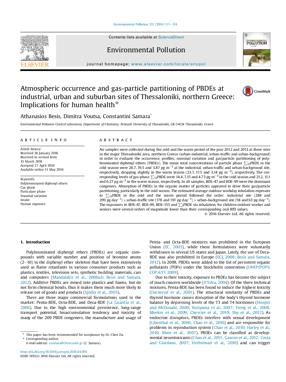 Atmospheric occurrence and gas-particle partitioning of PBDEs at industrial, urban and suburban sites of Thessaloniki, northern Greece: Implications for human health