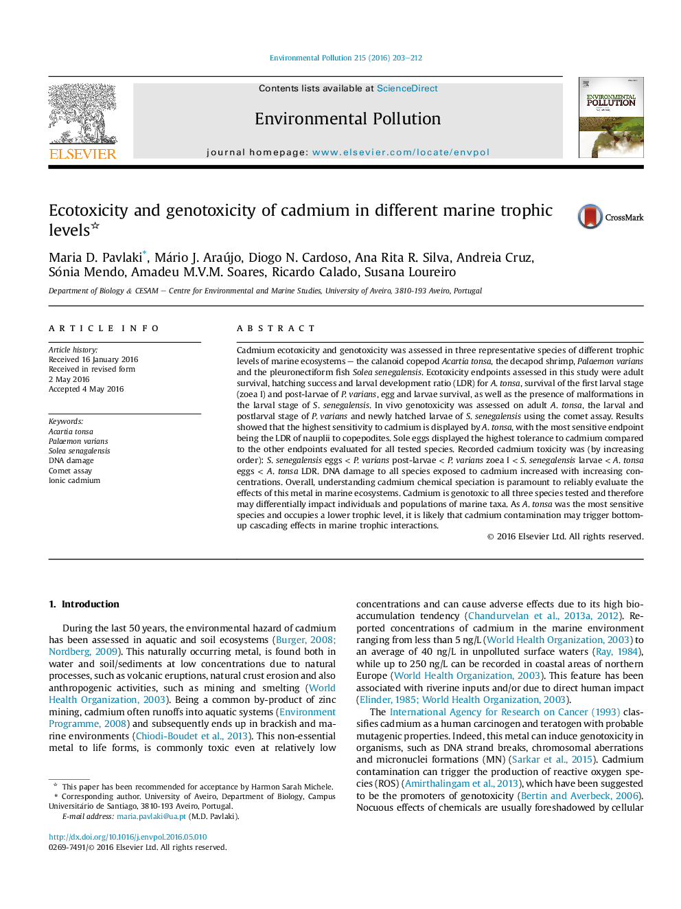 Ecotoxicity and genotoxicity of cadmium in different marine trophic levels