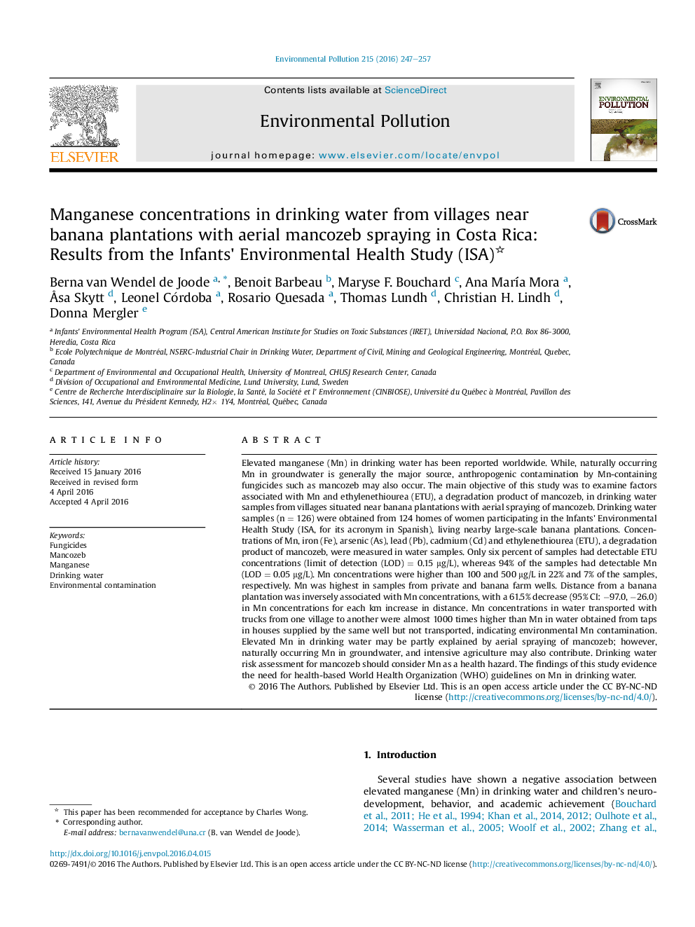 Manganese concentrations in drinking water from villages near banana plantations with aerial mancozeb spraying in Costa Rica: Results from the Infants' Environmental Health Study (ISA)