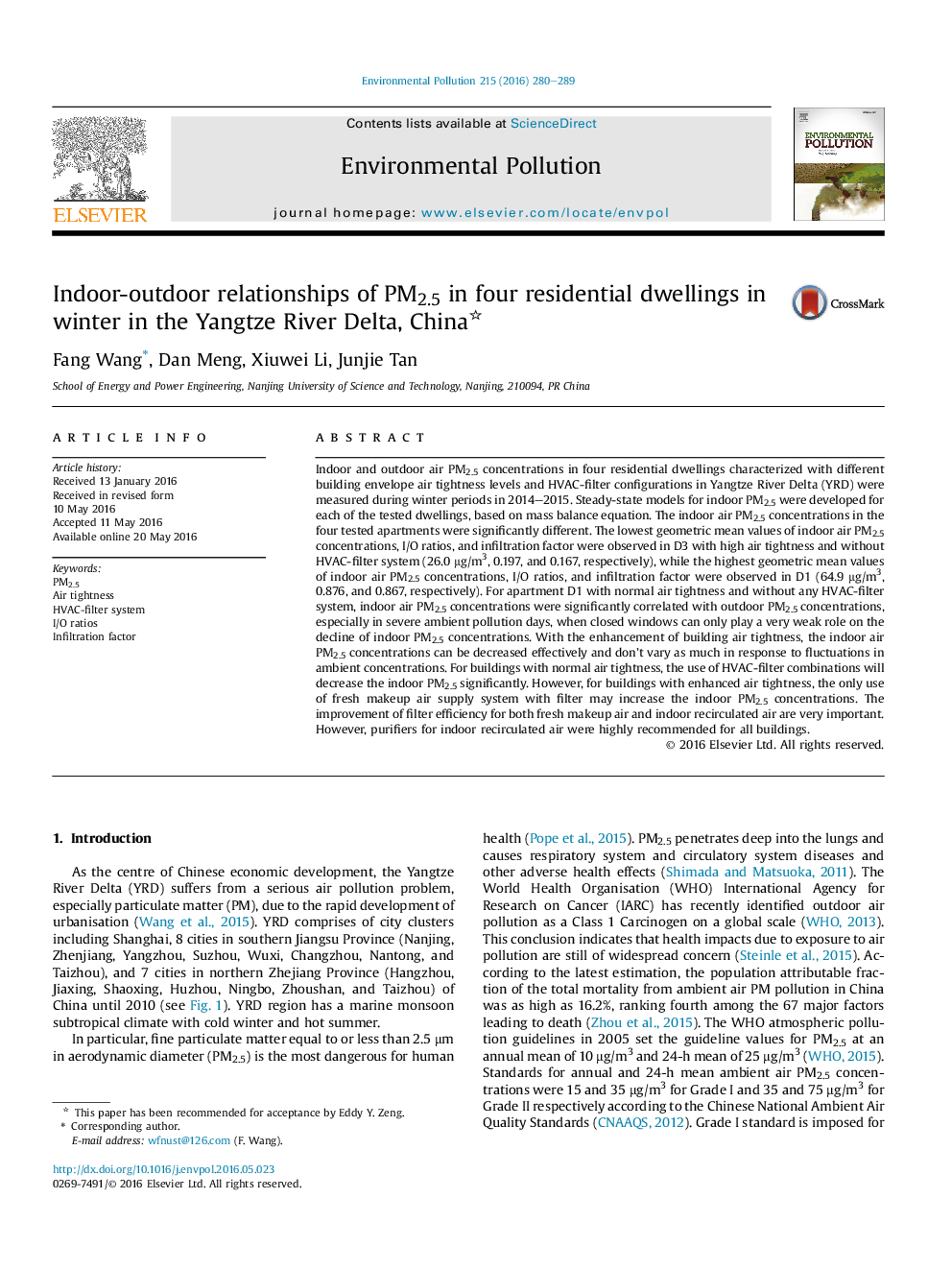 Indoor-outdoor relationships of PM2.5 in four residential dwellings in winter in the Yangtze River Delta, China