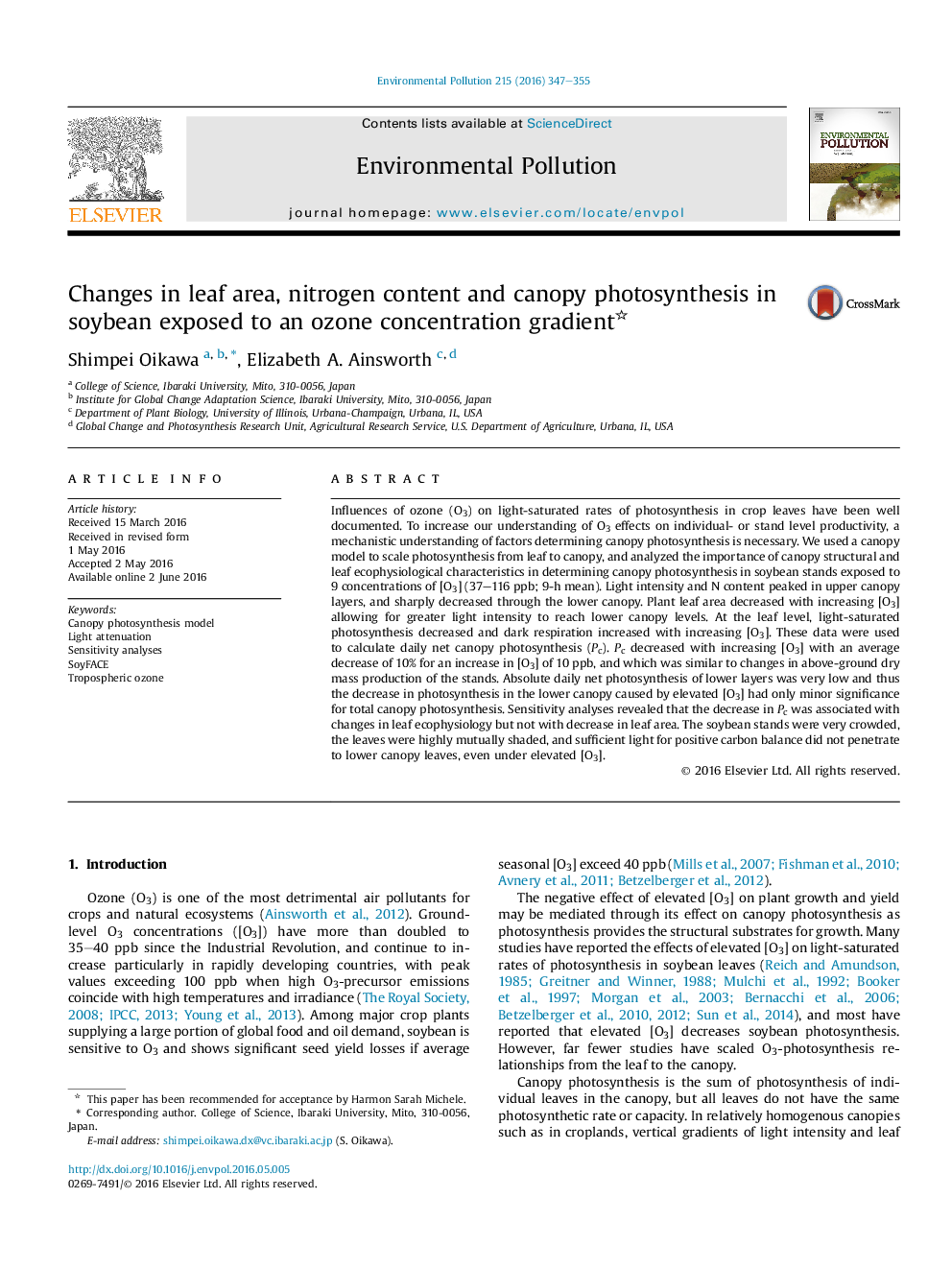 Changes in leaf area, nitrogen content and canopy photosynthesis in soybean exposed to an ozone concentration gradient