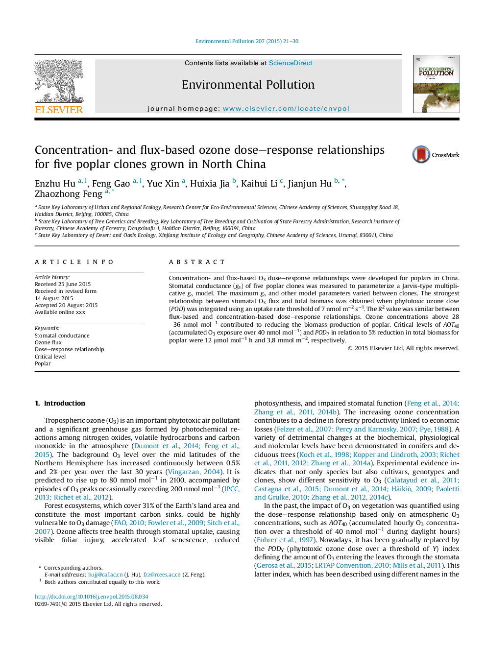 Concentration- and flux-based ozone dose-response relationships for five poplar clones grown in North China