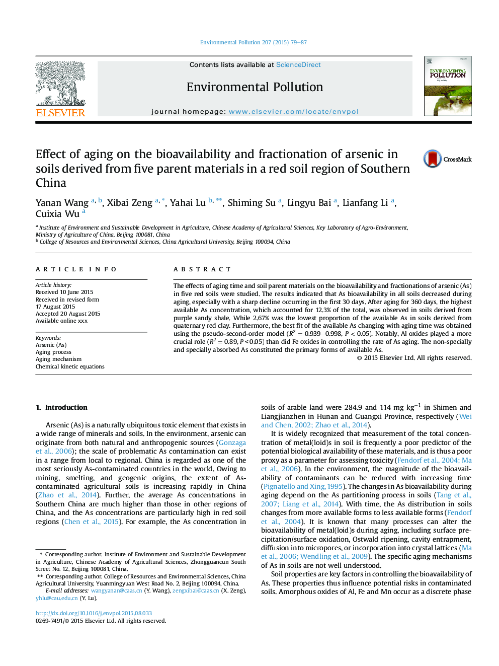اثر پیری بر قابلیت زیستی و کسرکرد آرسنیک در خاک های حاصل از پنج ماده اصلی در یک منطقه خاکستری قرمز در جنوب چین 