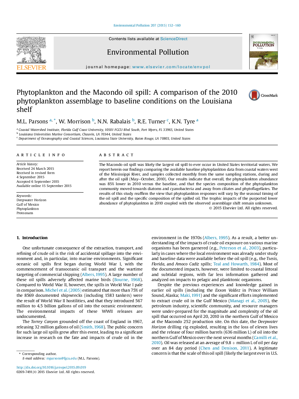 Phytoplankton and the Macondo oil spill: A comparison of the 2010 phytoplankton assemblage to baseline conditions on the Louisiana shelf