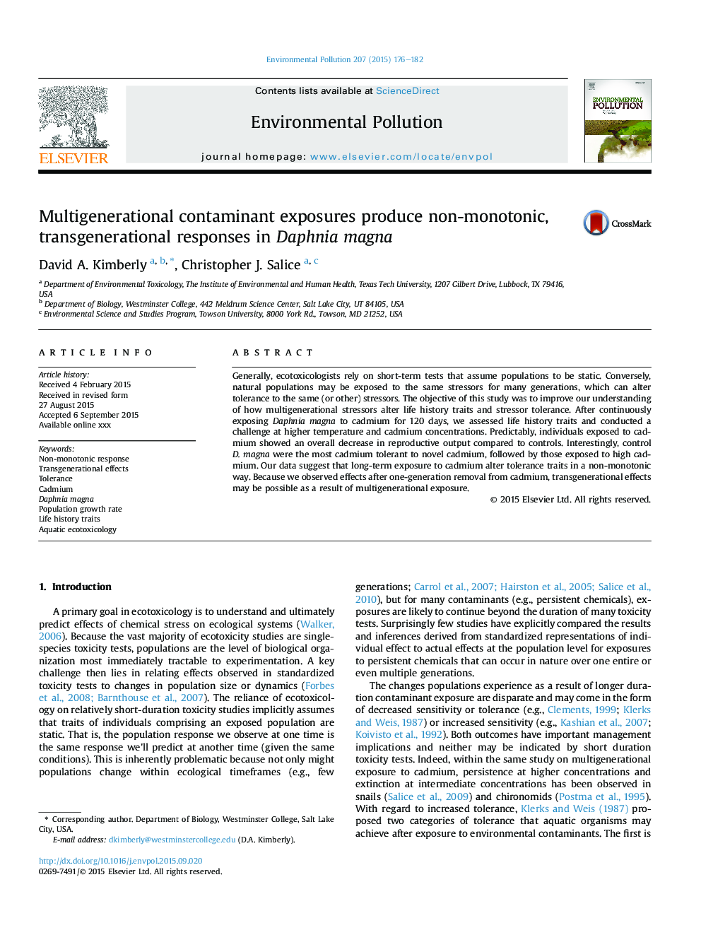 Multigenerational contaminant exposures produce non-monotonic, transgenerational responses in Daphnia magna