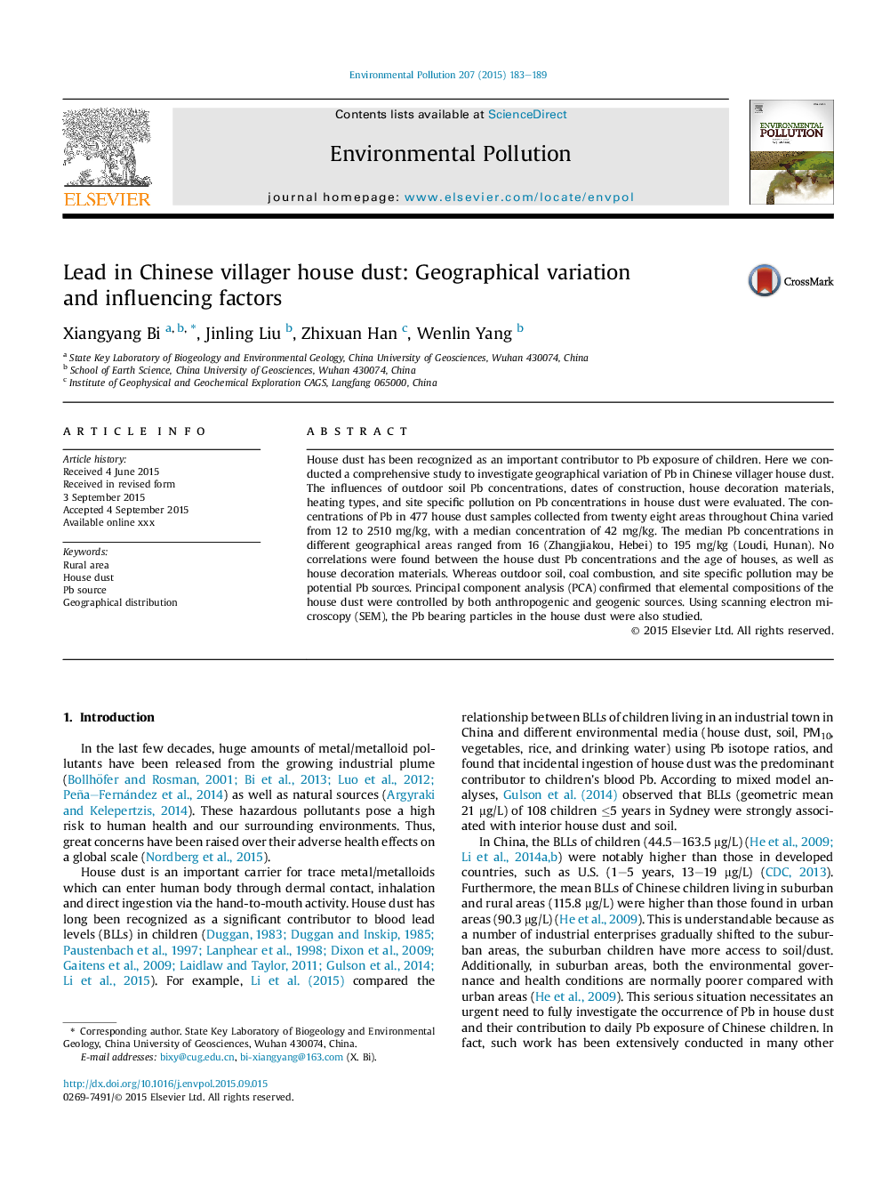 Lead in Chinese villager house dust: Geographical variation and influencing factors